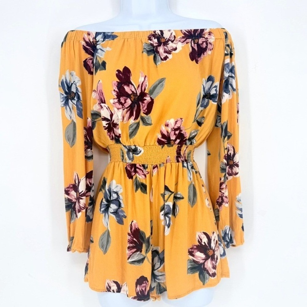 Kendall & Kylie Mustard Yellow Floral Off The Shoulder Smocked Romper Bardot S